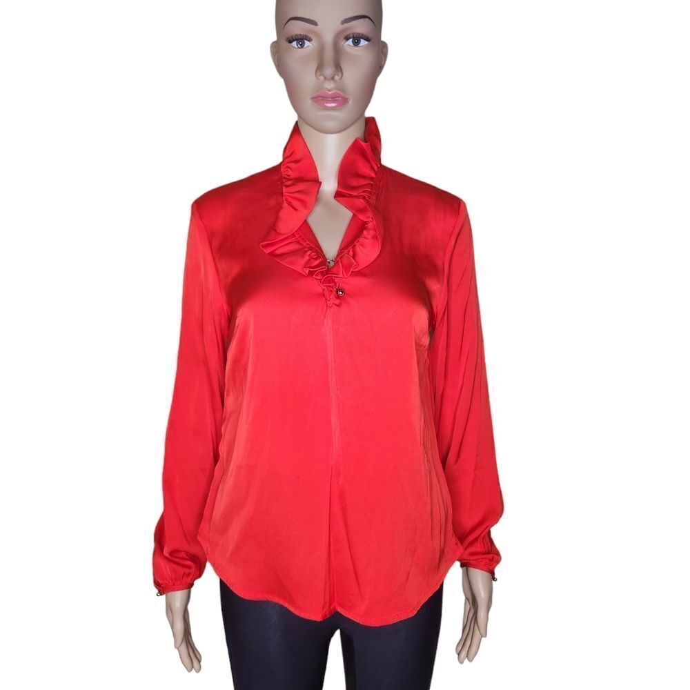 NWT Elizabeth Mckay Elizabeth Shirt women's Chery red satin ruffle shirt Size  2